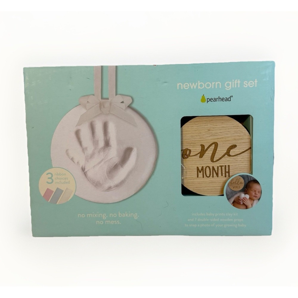 Pearhead Newborn Gift Set - handprint clay kit, engraved wood circle signs/props